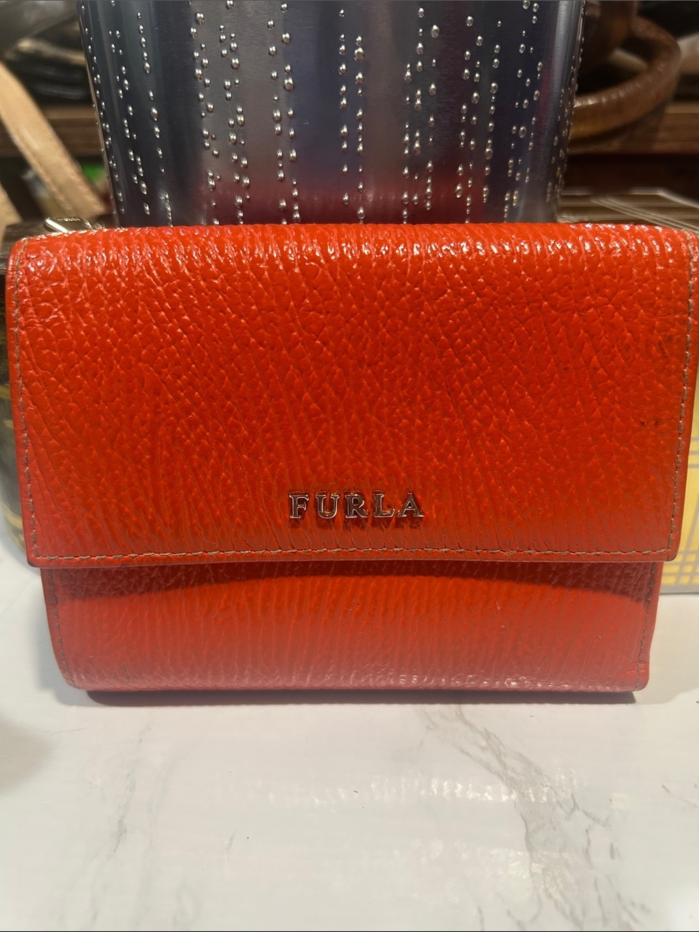 Furla Bright Orange Pebbled Leather Trifold Wallet